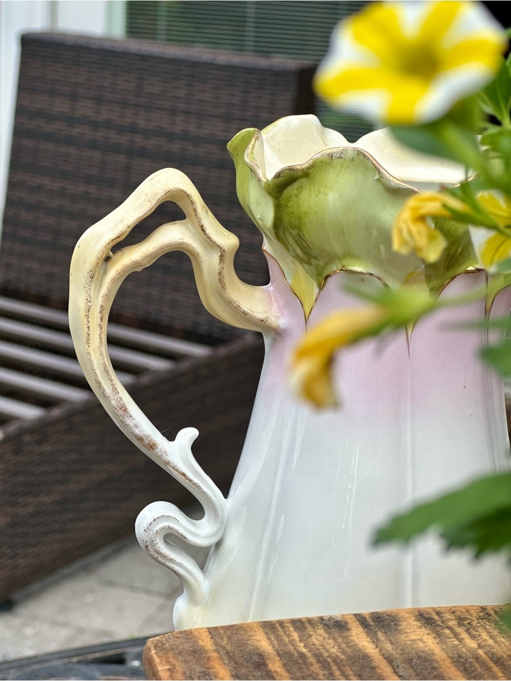 Antique Art Nouveau Floral Pitcher Pink  and Green Lily Blossom Form 1900 1920 - Picture 4 of 11